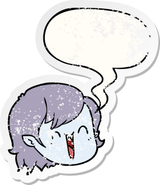 Bir insan tarafından çizilmiş, kederli, yaşlı bir çıkartma ile konuşan vampir suratlı karikatür kızı.