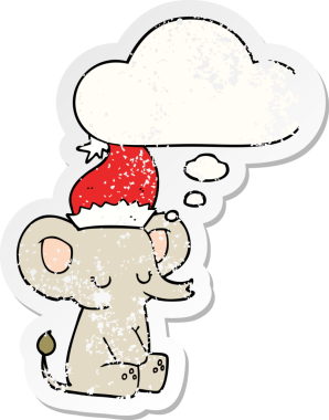 Düşünce baloncuğu olan şirin bir Noel fili insan tarafından çizilmiş yıpranmış bir çıkartma gibi.