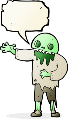 Bir insan tarafından çizilmiş konuşma balonu olan garip bir zombi çizgi filmi.