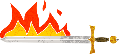 Retro illüstrasyon stili tuhaf çizgi film bir insan tarafından çizilmiş yanan kılıç.