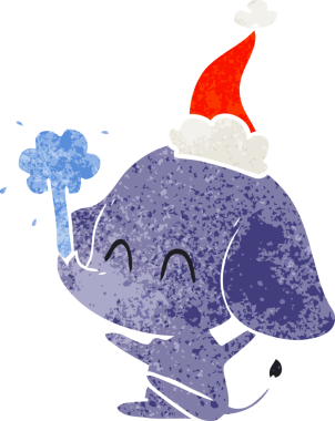 Bir insan tarafından çizilmiş Noel Baba şapkasıyla su püskürten bir fil çizilmiş.