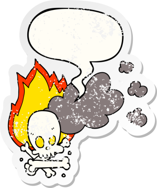 Konuşma baloncuğu ile yanan kemikler bir insan tarafından çizilmiş sıkıntılı eski bir çıkartma.