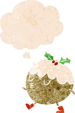 Düşünce baloncuğu ile yürüyen çizgi film pudingi grunge sıkıntılı retro dokuma tarzı bir insan tarafından çizilmiş