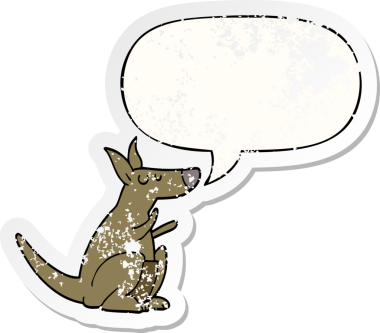 Konuşma baloncuklu çizgi film kangurusu bir insan tarafından çizilmiş sıkıntılı eski bir çıkartma