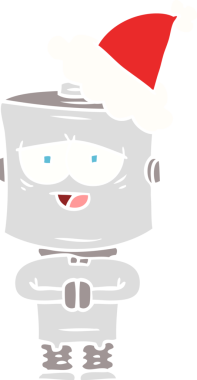 Bir insan tarafından çizilmiş Noel Baba şapkası takan bir robotun düz renkli çizimi