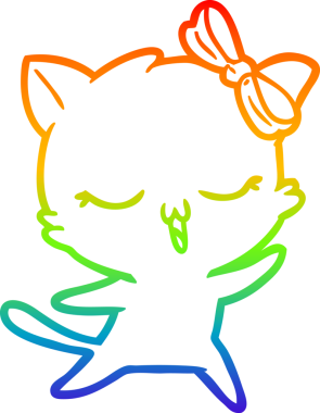 Gökkuşağı gradyan çizgi çizimi. Bir insan tarafından çizilmiş, kafasında yay olan dans eden bir kedi.