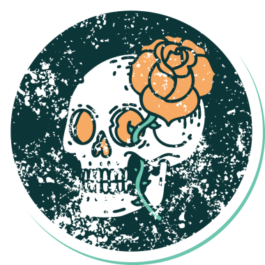 Bir insan tarafından çizilmiş kafatası ve gülün sembolik dövmeli görüntüsü.