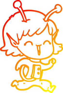 Bir insan tarafından çizilen gülen uzaylı bir kızın sıcak çizgi çizimi.