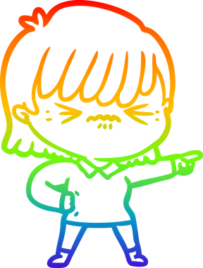 Gökkuşağı gradyan çizimi. Sinirli çizgi film kızı bir insan tarafından çizilmiş.