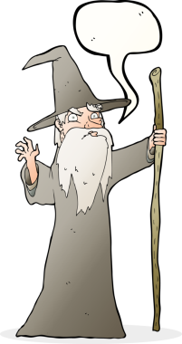 bir insan tarafından çizilmiş konuşma balonu olan yaşlı bir sihirbaz.