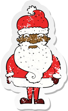 Bir insan tarafından çizilmiş huysuz Noel Baba karikatürünün gerilemiş retro yapıştırması.