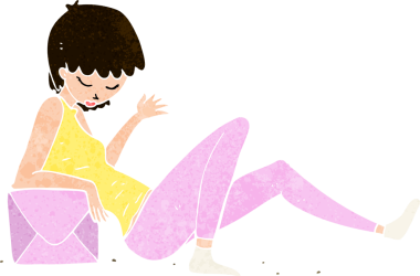 Bir insan tarafından çizilmiş paket kutusuna yaslanan çizgi film kadını.