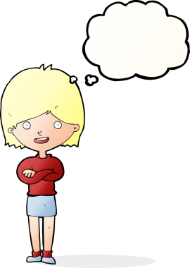 Bir insan tarafından çizilmiş düşünce balonlu mutlu kadın çizgi filmi.