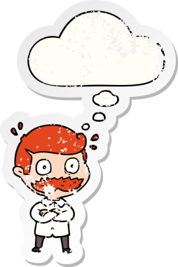 Çizgi filmdeki bıyıklı adam, insan tarafından çizilmiş yıpranmış bir çıkartma gibi düşünce baloncuğuyla şok oldu.