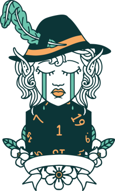 Retro Dövme Tarzı Ağlayan Elf Ozan Karakteri Bir insan tarafından çizilmiş doğal D20 rulo