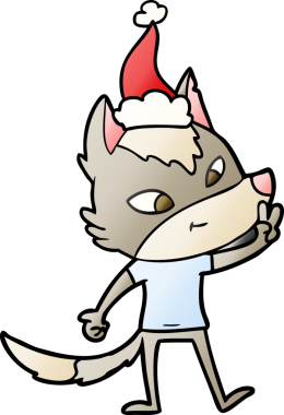 Dost canlısı el çizimi bir kurt çizgi filmi. Bir insan tarafından çizilmiş Noel Baba şapkası takarak barış işareti veriyor.