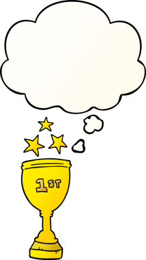 Düşünce baloncuklu çizgi film spor kupası, bir insan tarafından çizilmiş.