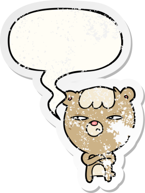 Çizgi filmdeki kızgın ayı, konuşma baloncuğuyla çapraz bağlıydı. Bir insan tarafından çizilmiş sıkıntılı eski bir çıkartma.