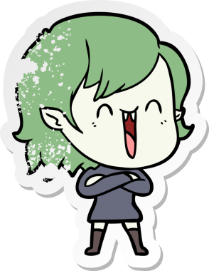 Bir insan tarafından çizilmiş mutlu vampir kız çizgi filminin kederli çıkartması.