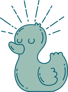 Bir insan tarafından çizilmiş geleneksel dövme stili plastik ördeğin resmi.