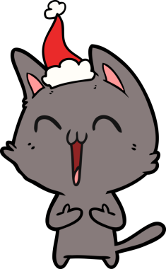 Mutlu el çizimi çizimi bir insan tarafından çizilmiş Noel Baba şapkası takan bir kedi.