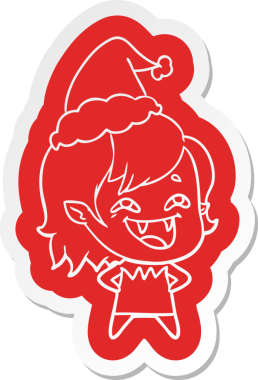 Bir insan tarafından çizilmiş Noel Baba şapkası giyen gülen vampir bir kızın garip çizgi film etiketi.