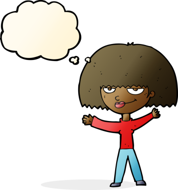 Bir insan tarafından çizilmiş düşünce balonu olan kendini beğenmiş bir karikatür kadını.