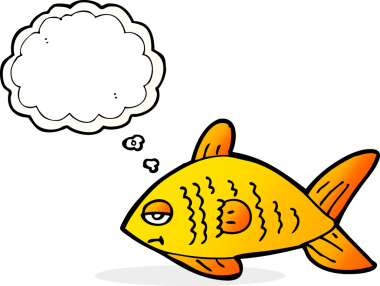 Bir insan tarafından çizilmiş düşünce baloncuklu komik balıklar.