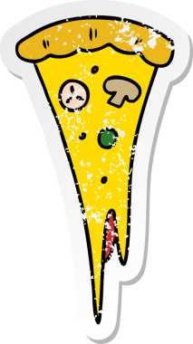 Bir insan tarafından çizilmiş bir dilim pizzanın, kederli çıkartmalı karikatürü.