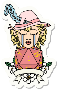 Ağlayan bir elf şair karakterinin çıkartması. Bir insan tarafından çizilmiş doğal bir D20 rulosu.