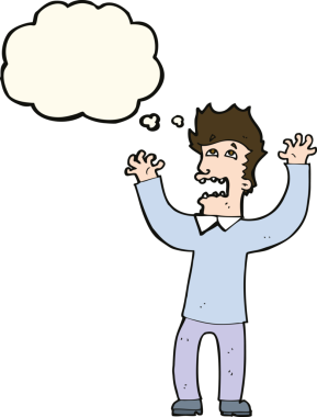 Bir insan tarafından çizilmiş düşünce baloncuğuyla dehşete düşmüş bir adam.