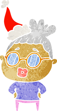 Kütüphaneci bir kadının gözlük taktığı, Noel Baba şapkası taktığı bir el çizimi karikatürü.