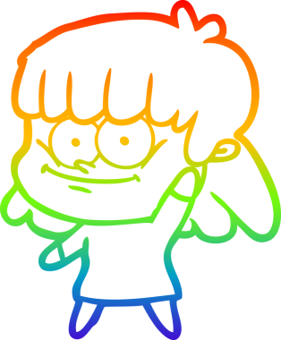 Gökkuşağı gradyan çizimi bir insan tarafından çizilmiş gülümseyen bir çizgi kız çizimi