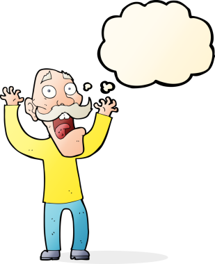 Karikatür ihtiyarı bir insan tarafından çizilen düşünce baloncuğundan korkar.