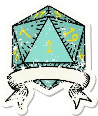 Bir insan tarafından çizilmiş doğal bir d20 zarının grunge çıkartması.