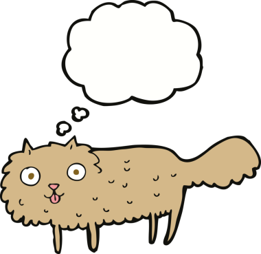 Bir insan tarafından çizilmiş düşünce baloncuklu tüylü kedi çizgi filmi.