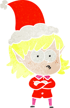 Bir insan tarafından çizilmiş Noel Baba şapkası giymiş bir elf kızının el çizimi karikatürü.