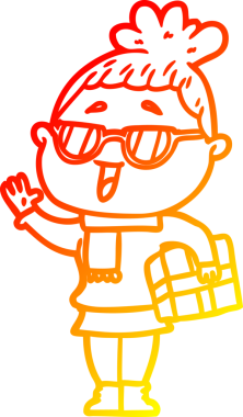 Bir insan tarafından çizilmiş gözlük takan mutlu bir kadının çizgi çizimi.