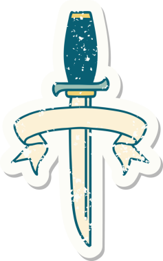 Bir insan tarafından çizilmiş bir hançerin bayrağı olan eski bir etiket.