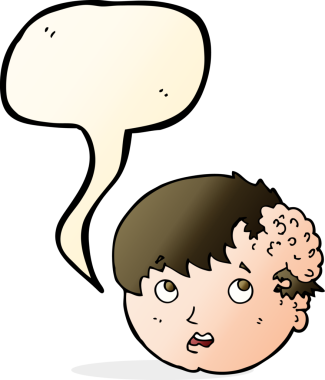 Bir insan tarafından çizilmiş konuşma baloncuğuyla kafasında çirkin bir büyüme olan çizgi film çocuğu.