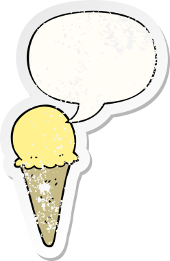 Konuşma balonlu çizgi film dondurması bir insan tarafından çizilmiş sıkıntılı eski bir çıkartma