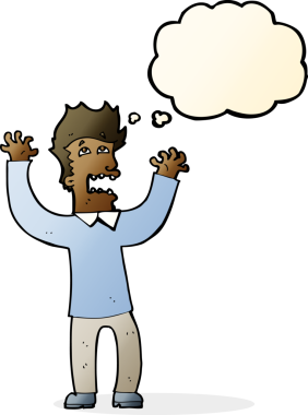 Bir insan tarafından çizilmiş düşünce baloncuğuyla dehşete düşmüş bir adam.