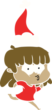 Bir insan tarafından çizilmiş Noel Baba şapkası giyen, ıslık çalan bir kızın düz renkli çizimi.