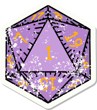 Bir insan tarafından çizilmiş 1 D20 zarının grunge sticker 'ı