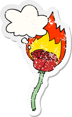 Düşünce baloncuğu ile yanan çizgi film bir insan tarafından çizilmiş yıpranmış bir çıkartma gibi.