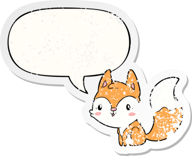 Konuşma baloncuğu olan sevimli çizgi film tilkisi, bir insan tarafından çizilmiş sıkıntılı eski bir çıkartma.