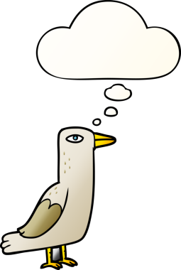 Düşünce baloncuğu olan çizgi film kuşu bir insan tarafından çizilmiş.