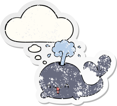 Düşünce baloncuğu olan karikatür balinası bir insan tarafından çizilmiş yıpranmış bir çıkartma.