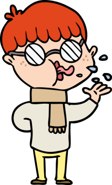 Bir insan tarafından çizilmiş gözlük takan çizgi film çocuğu.