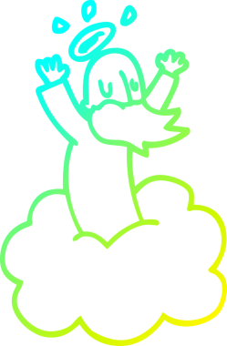 Bir insan tarafından bulutların üzerine çizilmiş çizgi film tanrısı çizimi.